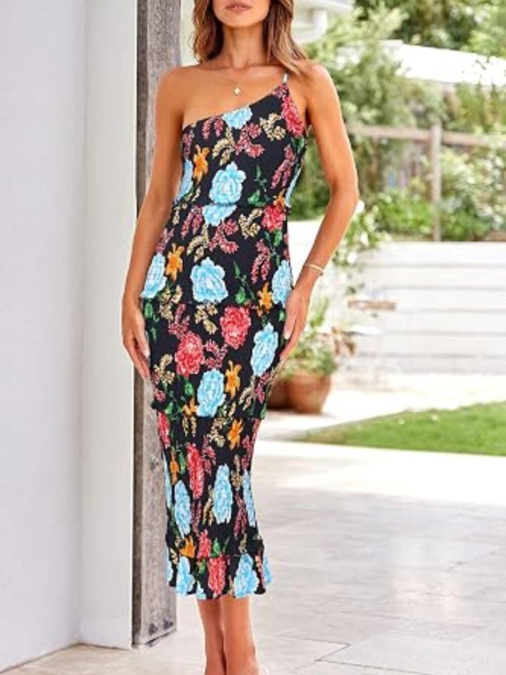Women's Midi Bodycon One Shoulder Strap Tiered Ruffle Black Blue Floral Dress-Lg